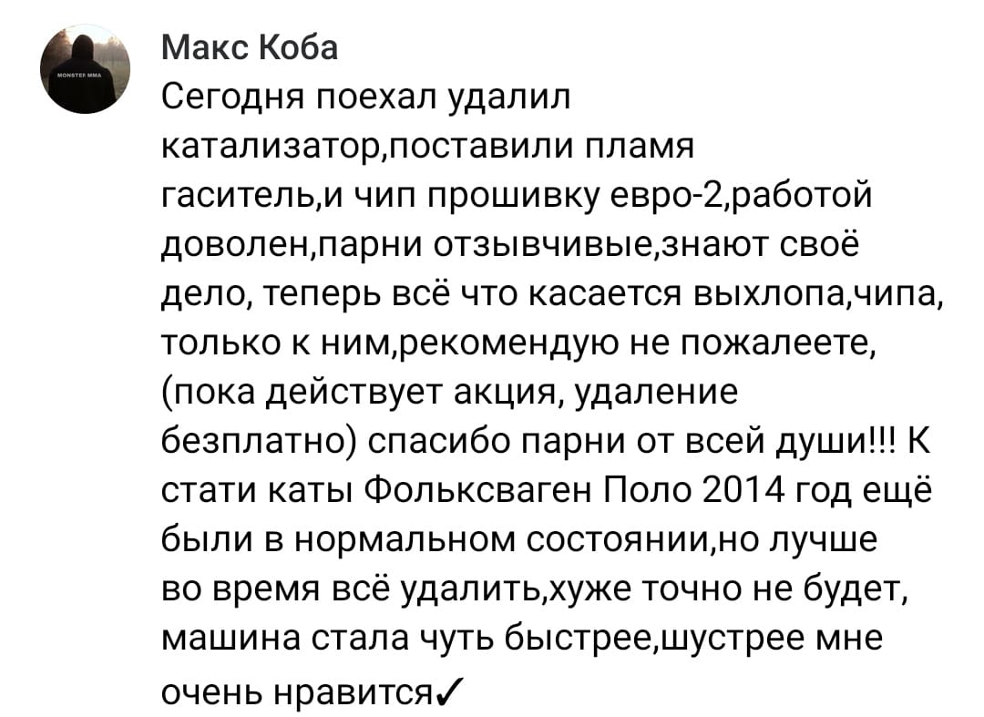 Положительный отзыв на услугу удаление катализатора в Самаре